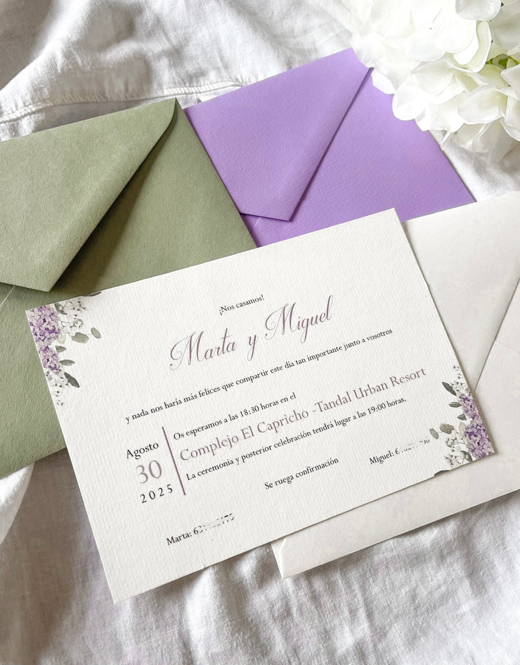 Invitación boda flores hortensias