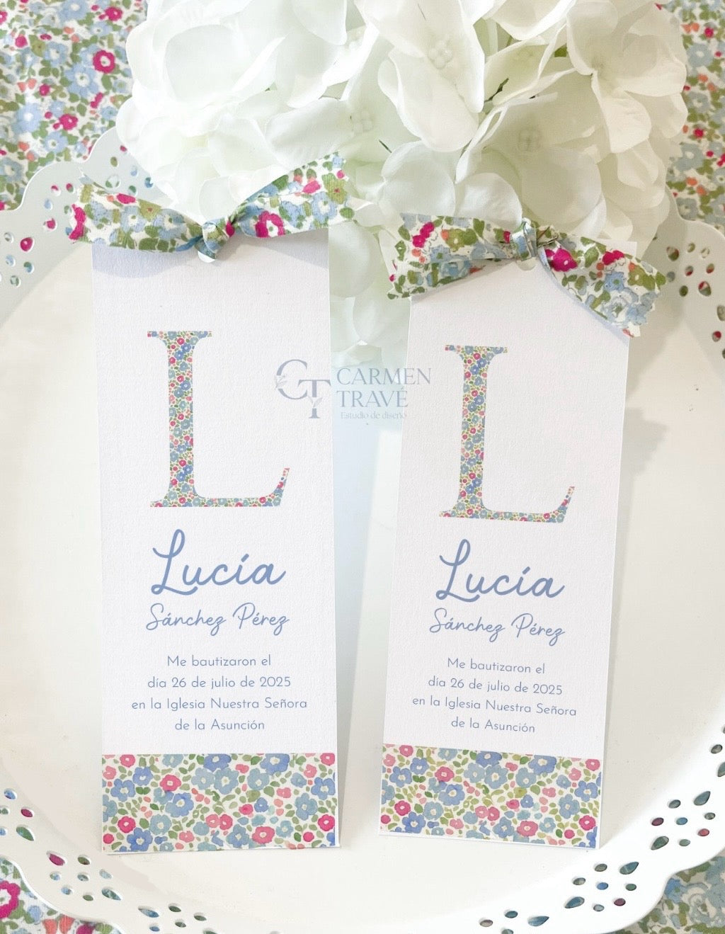 Recordatorios Bautizo y Comunión Inicial flores con lazo